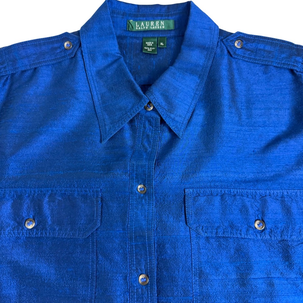 Lauren Ralph Lauren Silk Button Down Women XL Blue Long Sleeve Epaulette Utility